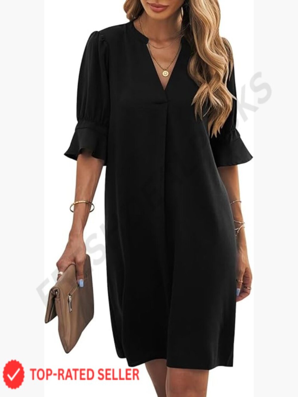 V Neck Short Sleeve Shift Dress Casual Flowy Summer Midi Dress Loose Fit